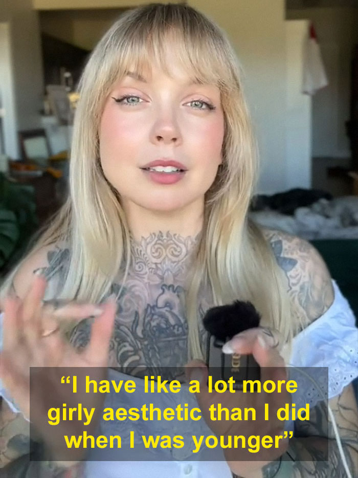 Woman expressing regret about tattoos, discussing changes in personal aesthetic as she got older.