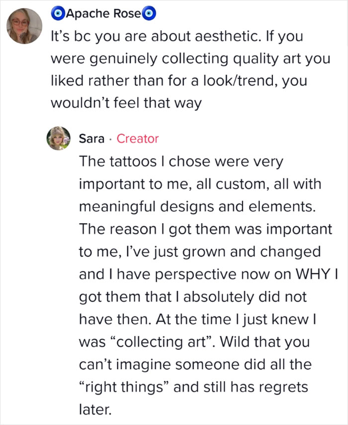 Text exchange about tattoo regret; woman explains perspective change on meaningful designs over time.