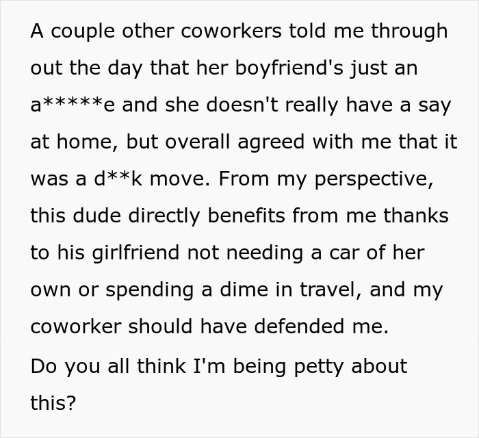 Woman Loses A Free Ride To Work After 14 Months By Asking Coworker To Pay For Their Lift Instead Of Returning The Favor