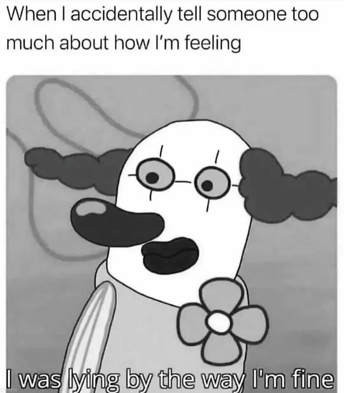 Cartoon character with glasses and dark hair expressing awkwardness about sharing feelings in introvert memes.