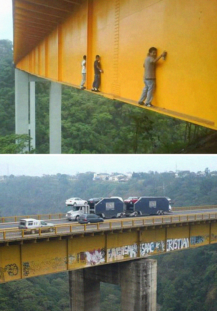 Grafiteros pintando un puente en México