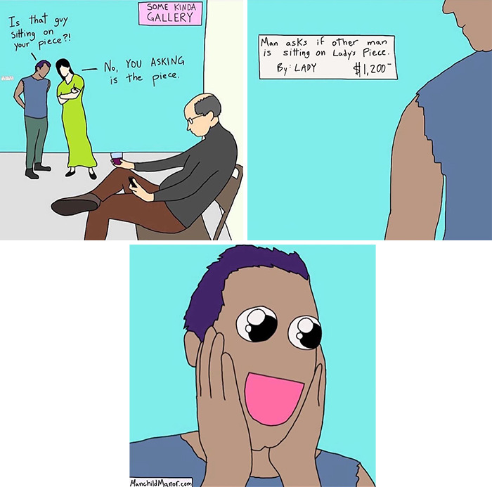 Comic panels showing a hilarious comic of an art gallery scene twisted to absurdity with exaggerated character reactions.