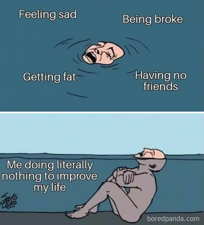 Man struggling with feelings like being broke and having no friends, humorously depicting relatable introvert memes.