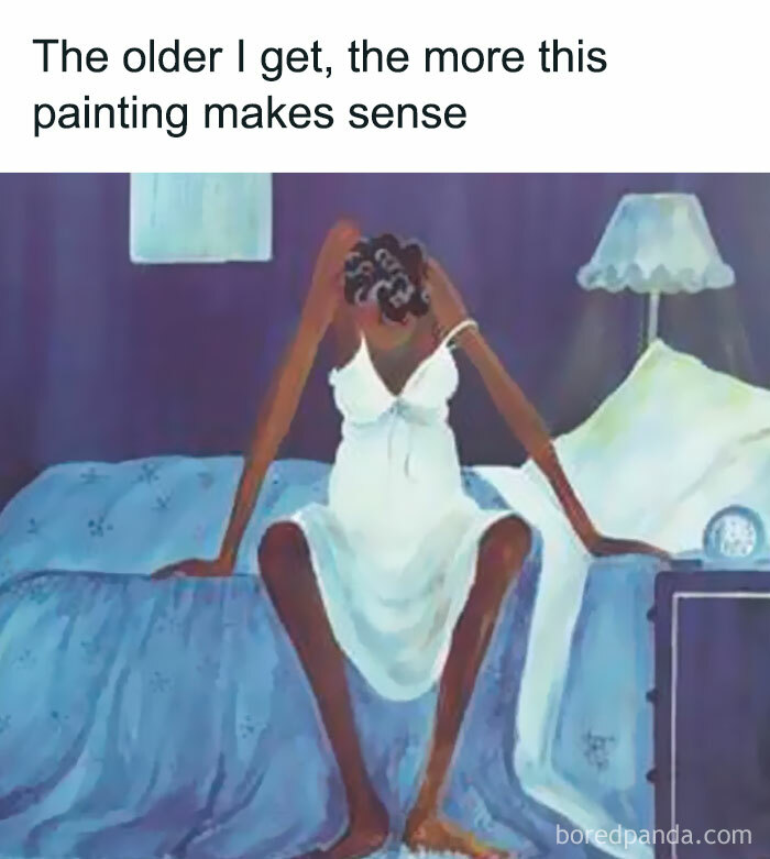 Abstract painting of a woman sitting on a bed, illustrating relatable introvert memes about aging and understanding life.