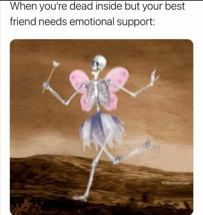 Skeleton dressed as a fairy dancing with a wand, representing funny and relatable introvert memes about emotional support.