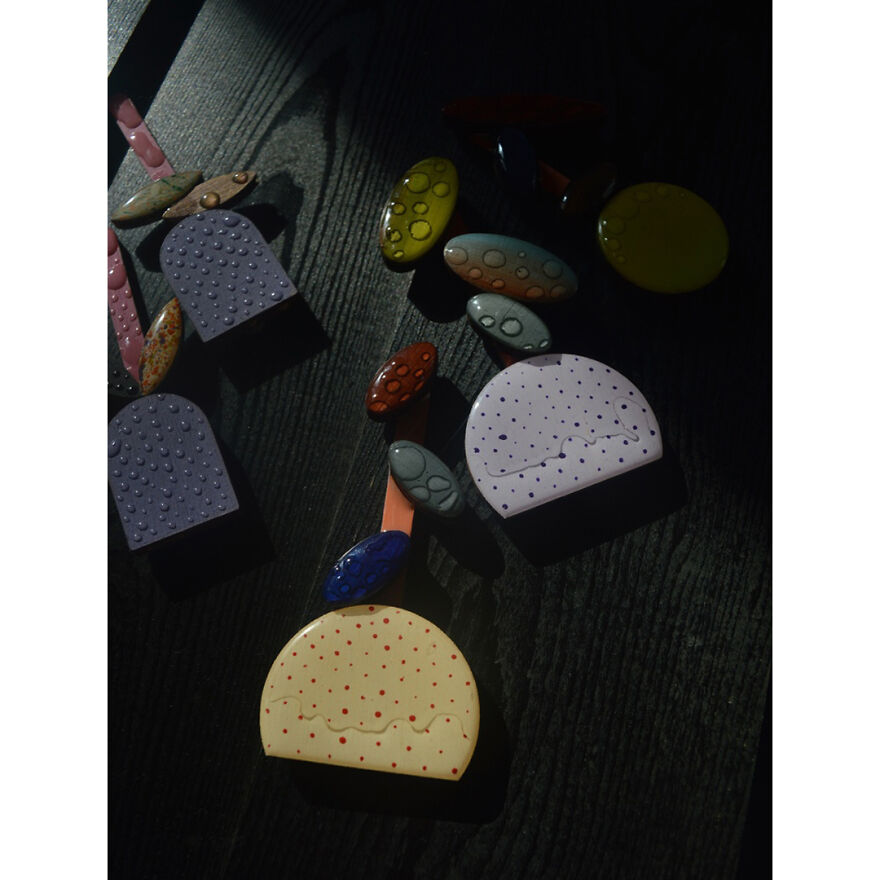 Geometric Flowers - Wooden Brooch - Plka Dots