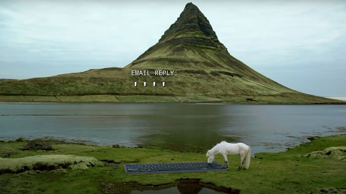 Icelandic horse near a giant keyboard by a mountain landscape, with "Email Reply" text overhead.