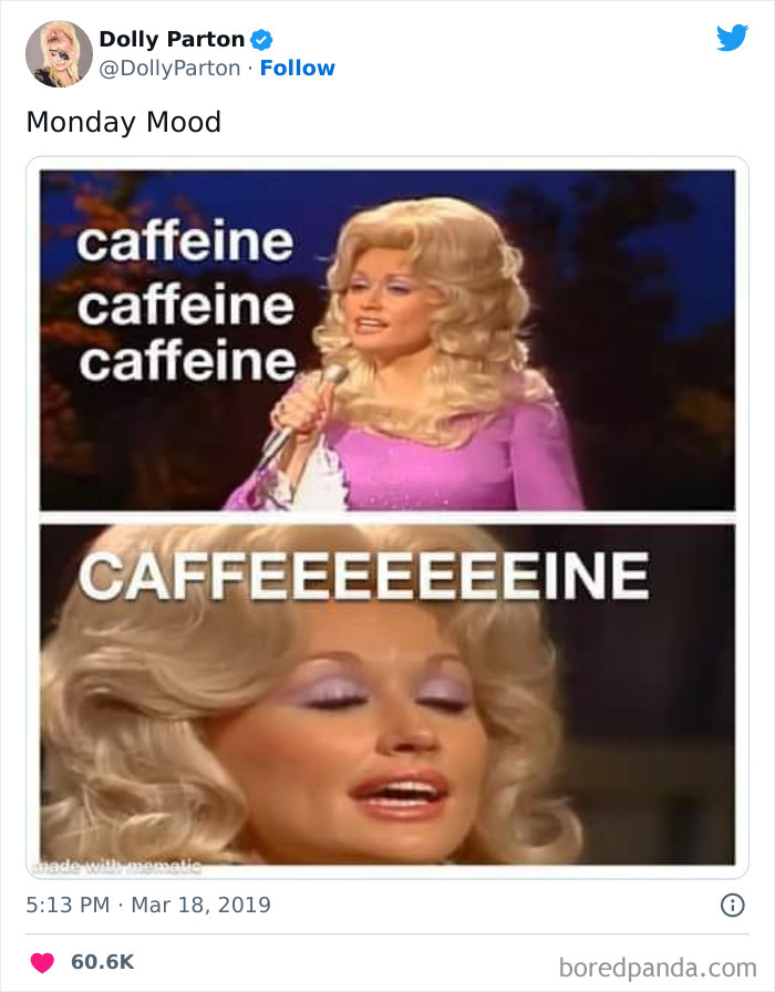 Woman in a purple dress singing about caffeine, illustrating the Monday meme theme.