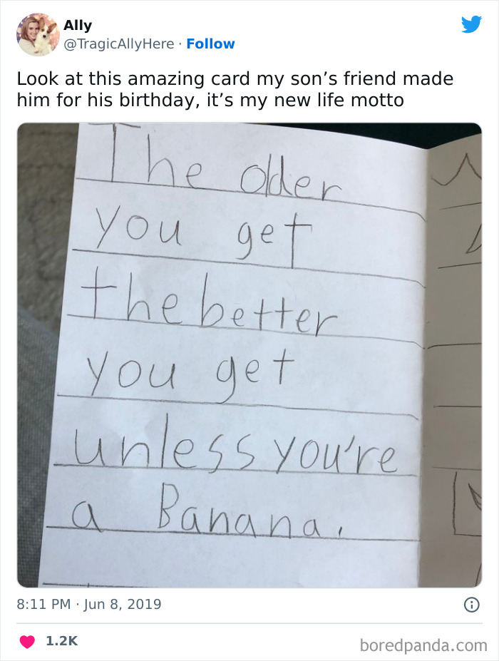 Funny birthday meme card with handwritten text: "The older you get, the better you get, unless you're a banana."