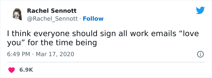 Tweet humorously roasts email culture, suggesting signing work emails with "love you" temporarily.