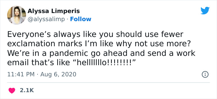 Tweet humorously mocks email culture, suggesting more exclamation marks during the pandemic for a "helllllo!!!!!!!!" greeting.