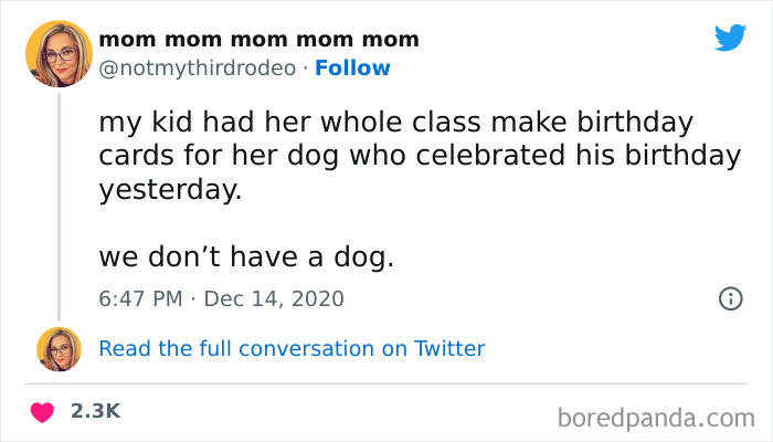 Funny meme about a kid's classmates making birthday cards for an imaginary dog.