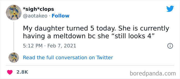 Funny birthday meme with a tweet about a 5-year-old having a meltdown because she "still looks 4."