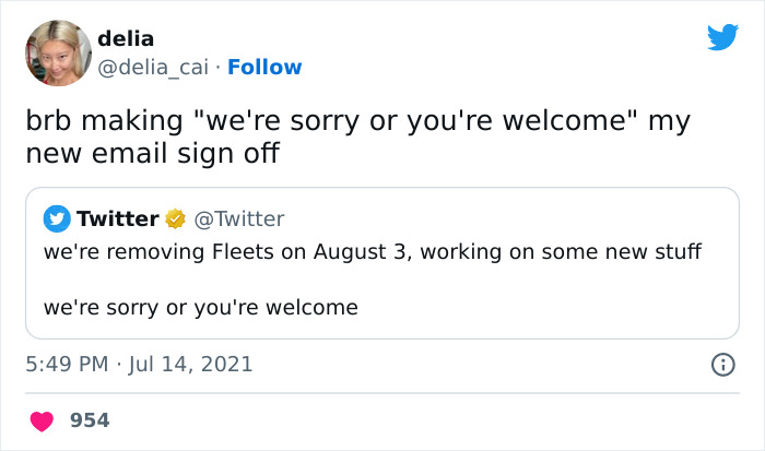 Tweet humorously roasts email culture by suggesting "we're sorry or you're welcome" as a new sign-off.