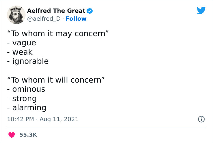 Tweet humorously roasting email culture with phrases like "To whom it may concern" and "To whom it will concern."