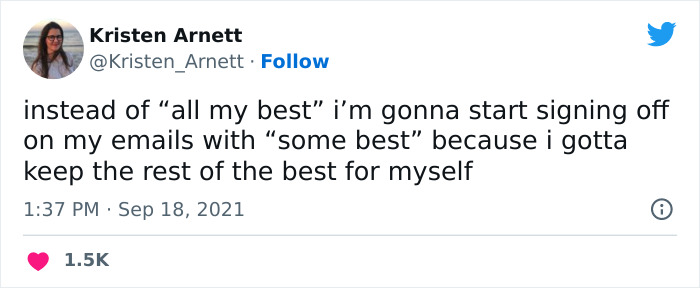 Tweet humorously roasting email culture about signing off with "some best."