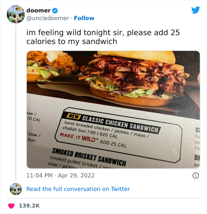 Classic chicken sandwich meme by "Meme Lord" Instagram, captioned about adding 25 calories.