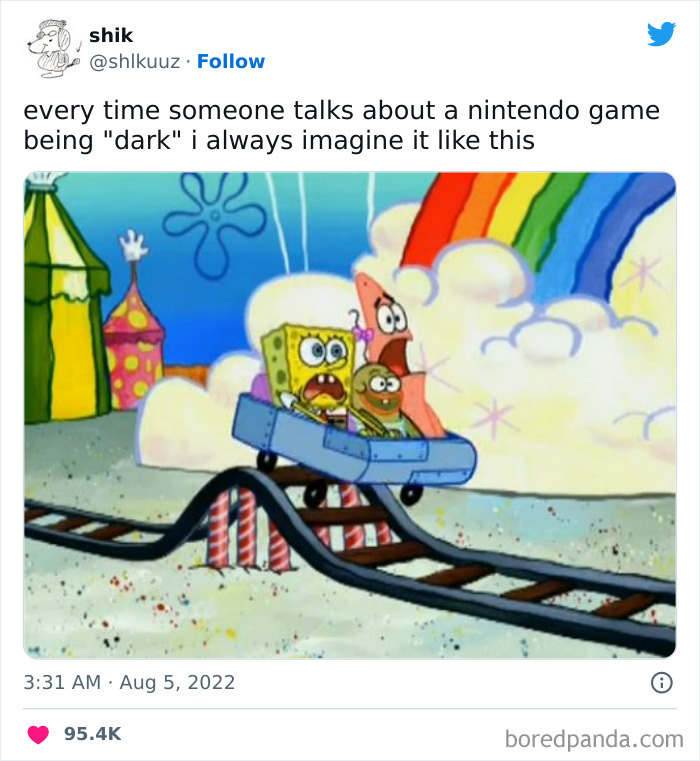 A SpongeBob meme showing SpongeBob, Patrick, and another character riding a rollercoaster with a colorful rainbow background. SpongeBob and Patrick look scared, while the character in the middle appears nervous. The text above the image reads, "every time someone talks about a Nintendo game being 'dark' I always imagine it like this," humorously contrasting the concept of a dark game with a bright and cheerful setting.