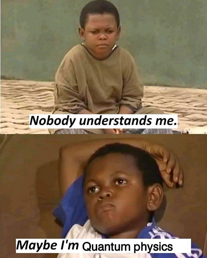 Child in two-panel science meme expressing confusion with quantum physics, illustrating humor in best science memes.