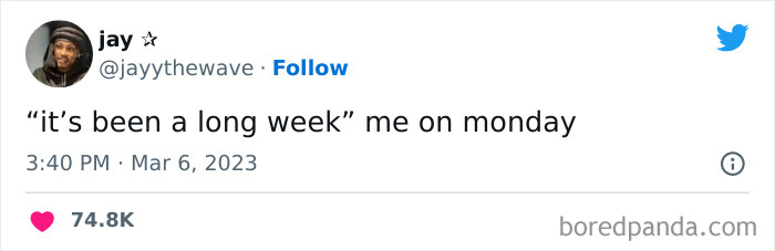 Monday meme tweet saying "it's been a long week" with high engagement.