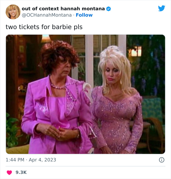 Two women in pink outfits, humorously referencing the Barbie movie in a meme format.