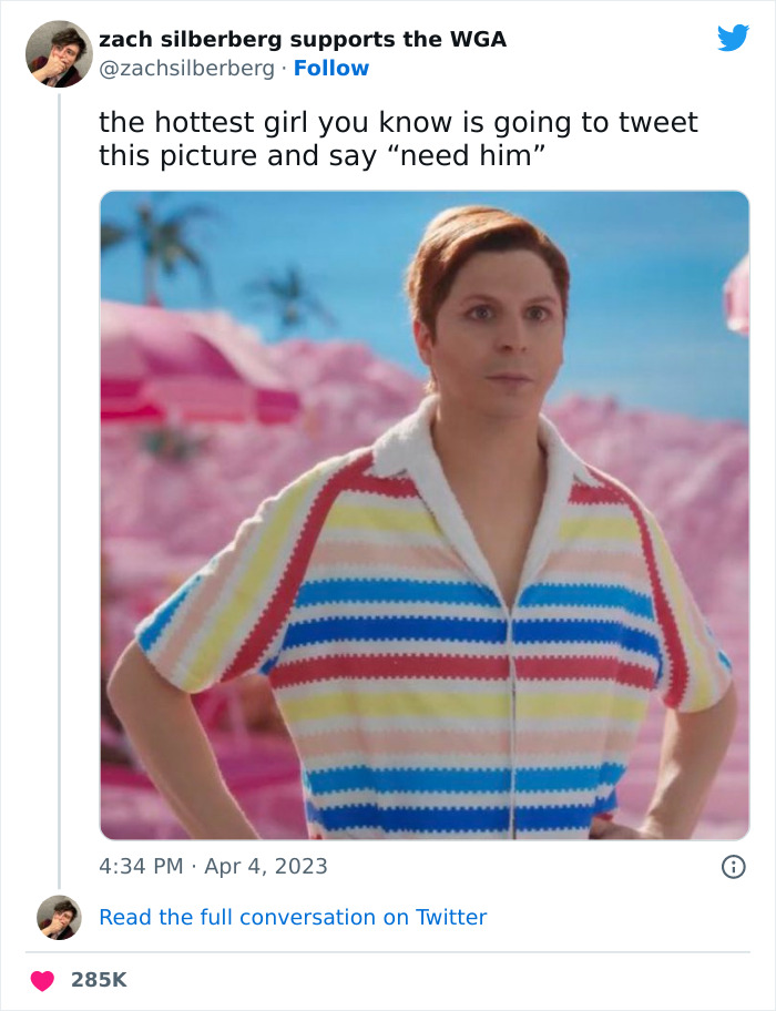 Person in colorful shirt from Barbie movie meme post, with a beachy background.