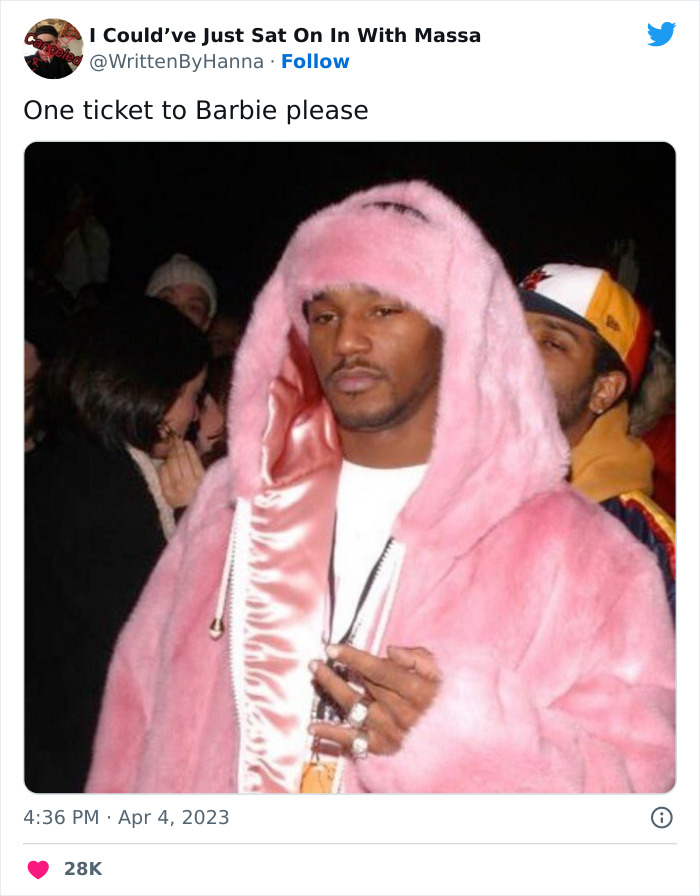 Person wearing a pink fluffy coat, creating a funny meme inspired by the Barbie movie.