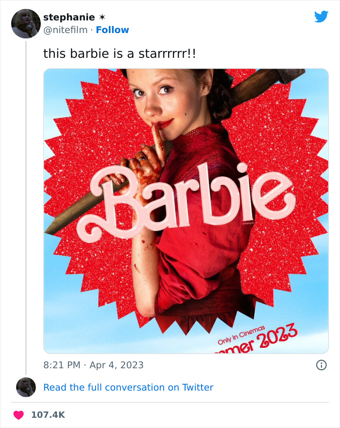 "Meme of Barbie movie character playfully posing with a tagline on a red starburst background."
