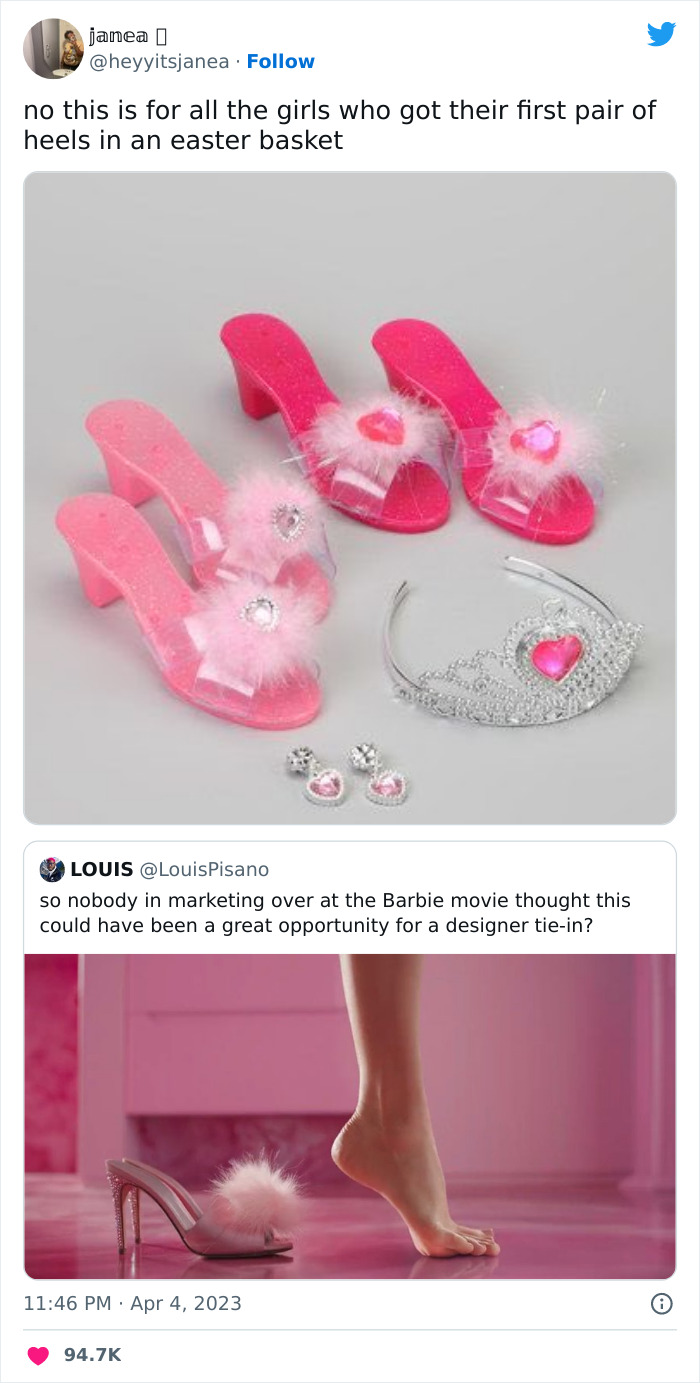 Barbie movie meme with pink toy heels and tiara, alongside a real foot in a fluffy pink heel.