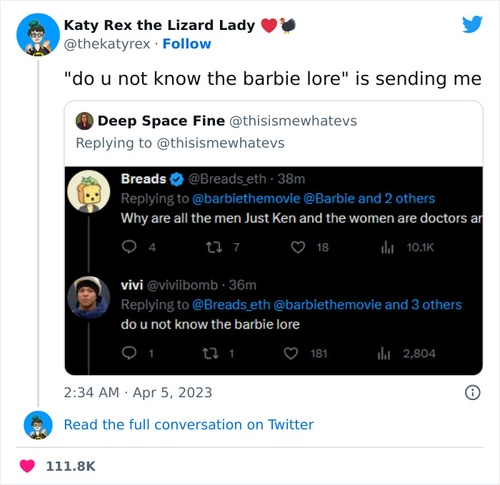 Twitter meme about Barbie movie jokes with users discussing Barbie lore humorously.