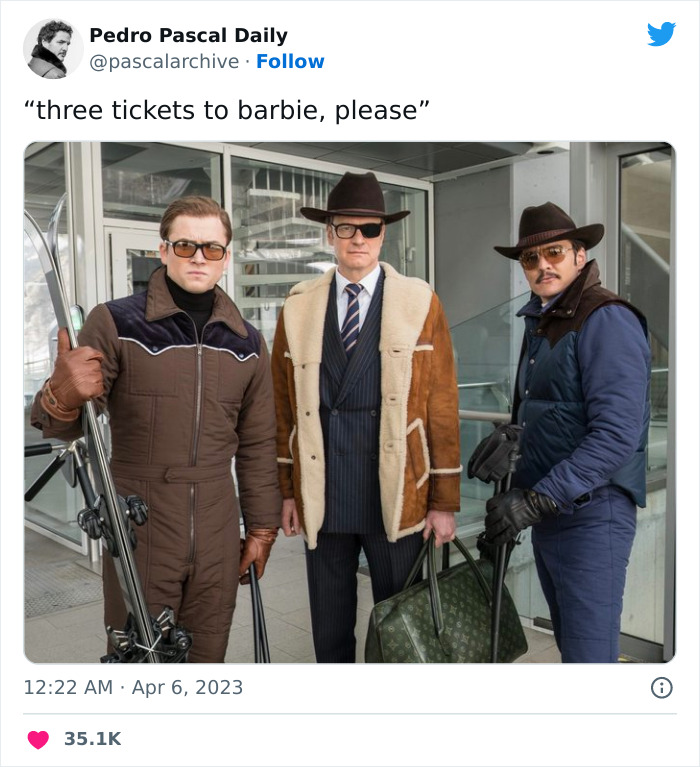 Three men in stylish outfits humorously saying, "three tickets to Barbie, please."
