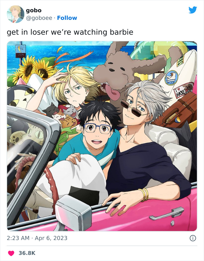 Anime characters in a pink car with text overlay referencing the Barbie movie meme.