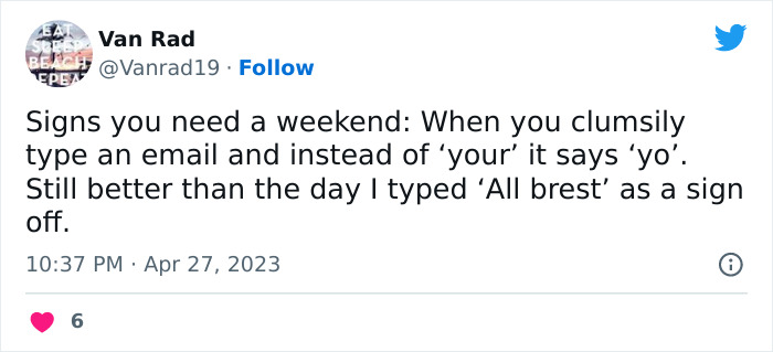 Tweet humorously roasting email culture with a typo story, highlighting common mistakes in professional communication.