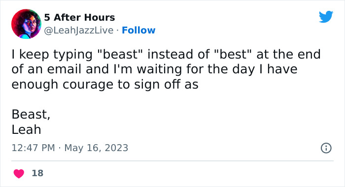 Tweet about email culture mix-up, humorously typing "beast" instead of "best" in signature.