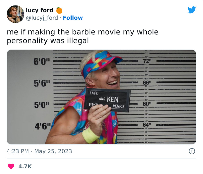 Person dressed as Ken from Barbie movie in colorful outfit holding a mugshot sign, playing with meme culture.