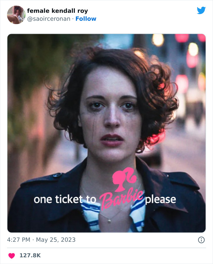 Person looking serious with text overlay: "One ticket to Barbie please," part of popular Barbie memes.