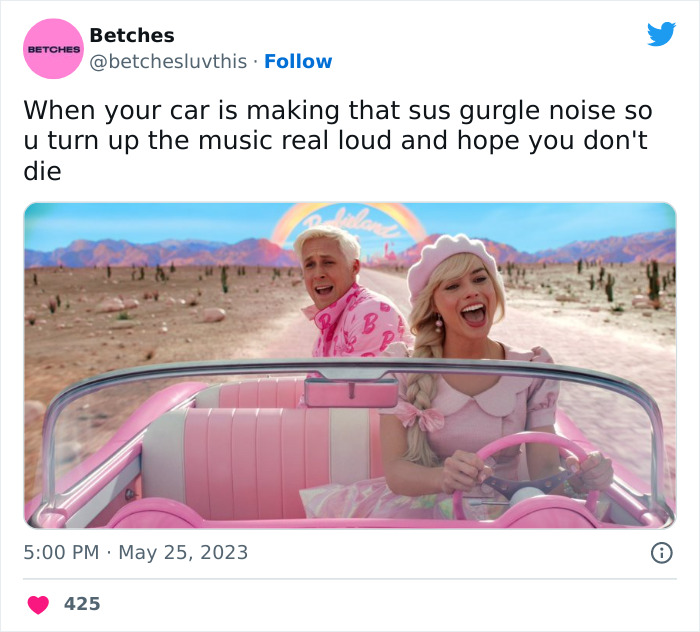 Two people in a pink convertible, inspired by the 'Barbie' movie, driving through a desert, laughing with bright sky.