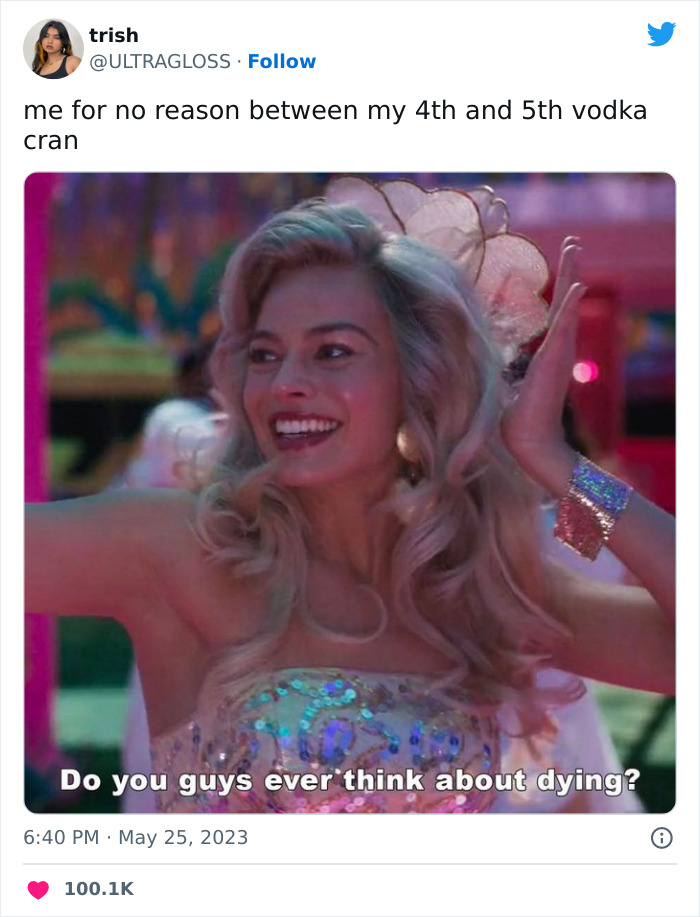 Woman in sparkling outfit from 'Barbie' movie meme, smiling with caption "Do you guys ever think about dying?"