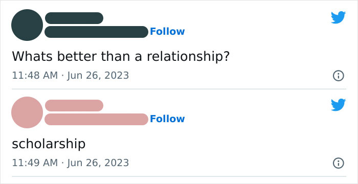 Twitter exchange showing a humorous text meme about relationships and scholarships from a science memes Facebook group.