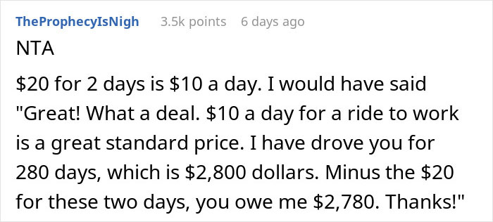 Woman Loses A Free Ride To Work After 14 Months By Asking Coworker To Pay For Their Lift Instead Of Returning The Favor