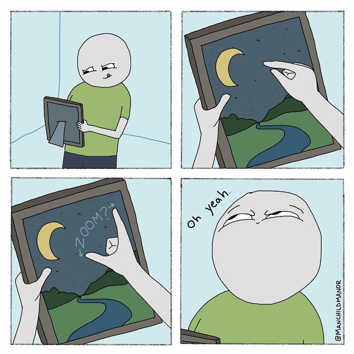 Comic strip showing a person zooming in on a framed night landscape, capturing absurd humor in ordinary situations.
