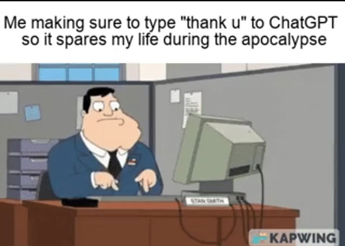 Cartoon character typing on a computer with caption about thanking ChatGPT, a humorous science meme concept.