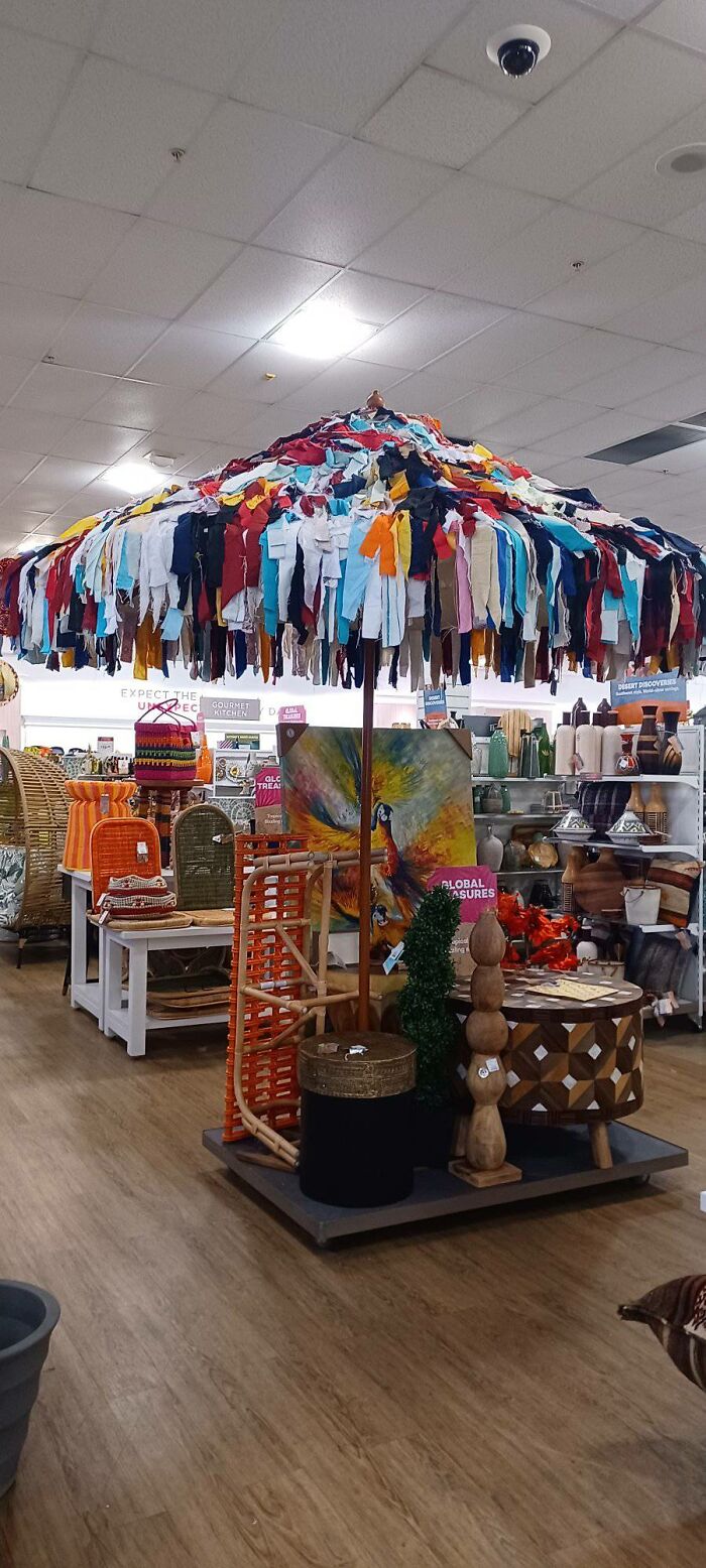 Found In The Wild At Homegoods. That Is A Market Umbrella. For Outside. Covered In Random Unhemmed Cut Fabric