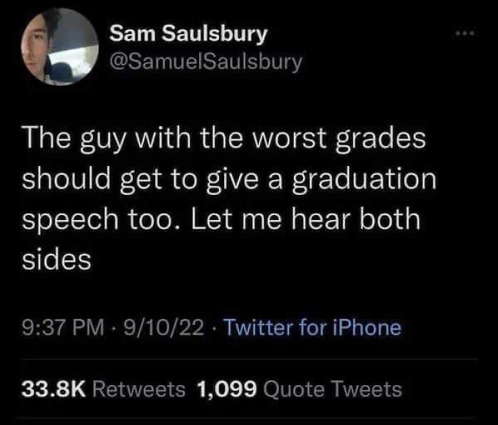 Tweet screenshot suggesting the student with worst grades should give a graduation speech, featured in science memes collection.