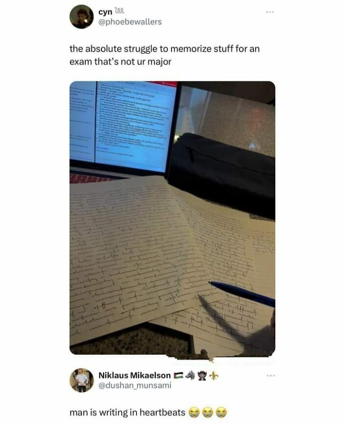 Screenshot of a science meme showing a student writing heartbeats on paper, highlighting exam struggles with science memes.