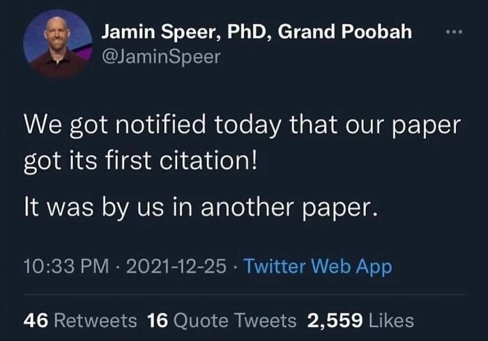 Science meme tweet about celebrating a paper's first citation cited by the authors themselves on Twitter.