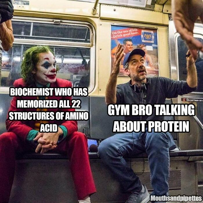 Two men on a subway, one dressed as Joker labeled biochemist, the other gesturing labeled gym bro about protein, science memes.