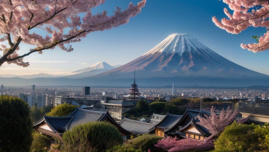 Mountain Fuji With Sakura Flower In The Background