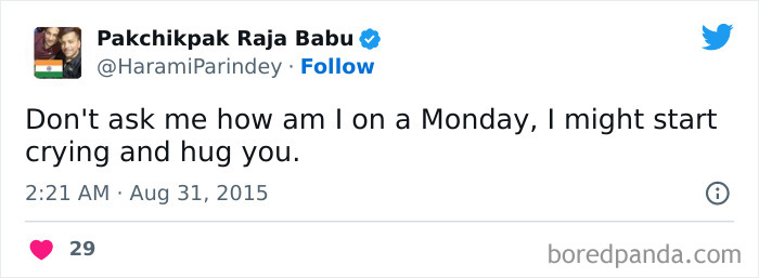 Twitter meme expressing Monday misery with humorous text about crying and hugging.