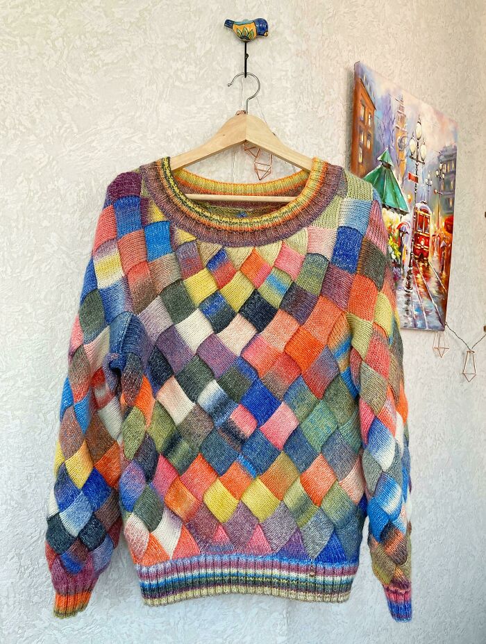 I Knitted Happy Sweater! Entrelac Technique Of Knit
